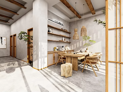 Traditional Teahouse Interior With Wooden Furniture Greenery And Natural Light 3d model