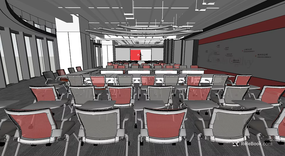 Modern Conference Room Interior With Arranged Tables Chairs And Projection Screen 3d model 