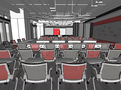 Modern Conference Room Interior With Arranged Tables Chairs And Projection Screen 3d model