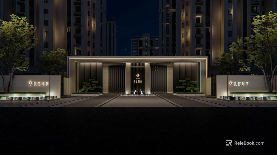 Illuminated Residential Entrance With High Rise Buildings And Landscaped Greenery At Night 3d model 