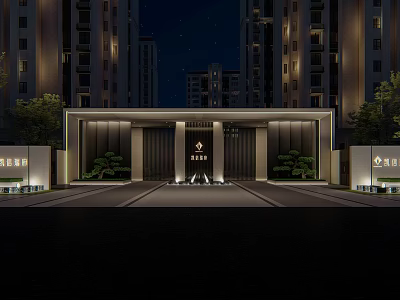 Illuminated Residential Entrance With High Rise Buildings And Landscaped Greenery At Night 3d model