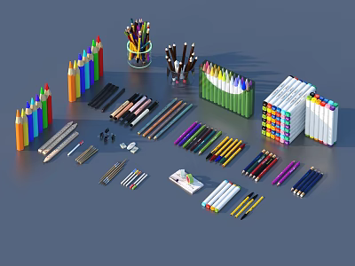 Assorted Stationery Items Displayed on Gray Surface With Colorful Pencils Crayons Pens Rulers And Erasers 3d model