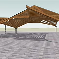 Outdoor Modern Wooden Pergola With Geometric Open Roof Supported By Columns On Paved Floor