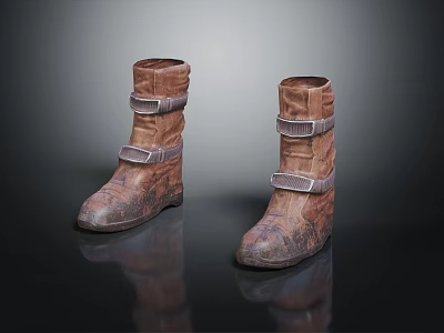 Vintage Brown Leather Boots with Distressed Finish and Buckle Straps 3d model