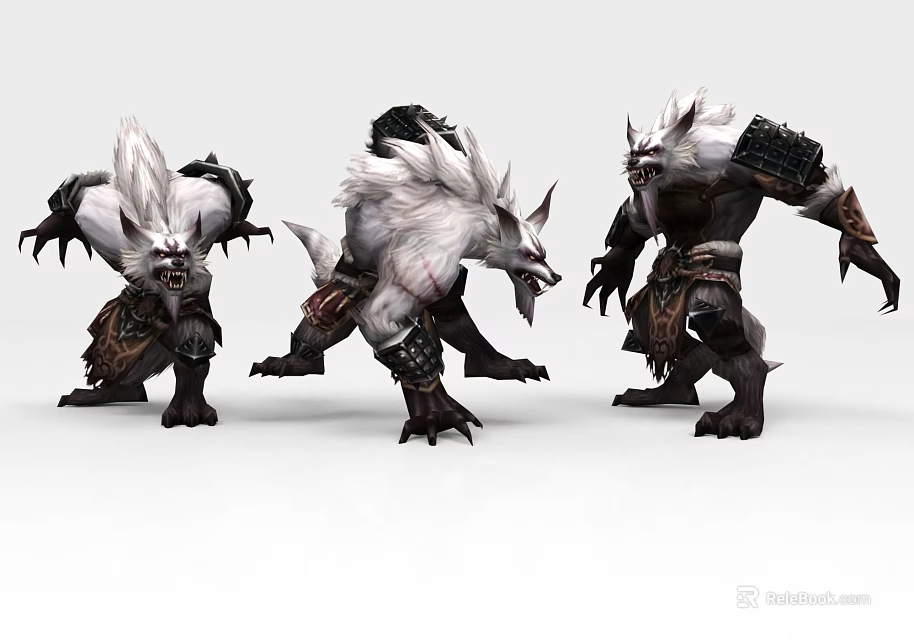 Game Movie Characters Ferocious Werewolf Like Creatures With White Fur Black Armor Action Poses 3d model 