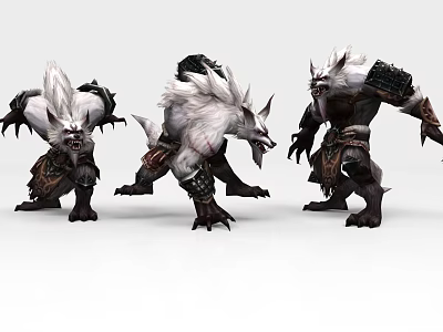 Game Movie Characters Ferocious Werewolf Like Creatures With White Fur Black Armor Action Poses 3d model