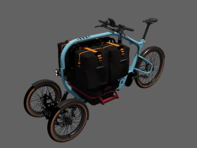 Blue Three Wheeled Cargo Bicycle With Black Bags And Orange Straps 3d model