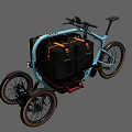 Blue Three Wheeled Cargo Bicycle With Black Bags And Orange Straps