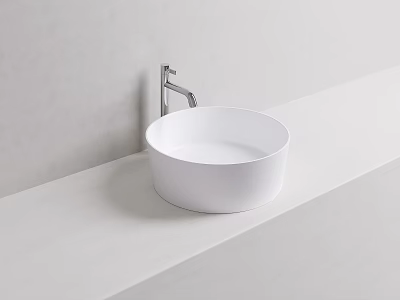 Modern Round White Washbasin on White Countertop with Silver Faucet Against Light Gray Wall 3d model