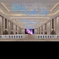 Modern Spacious Banquet Hall Interior With Blue Chandeliers White Tables And Purple Backdrop Screen