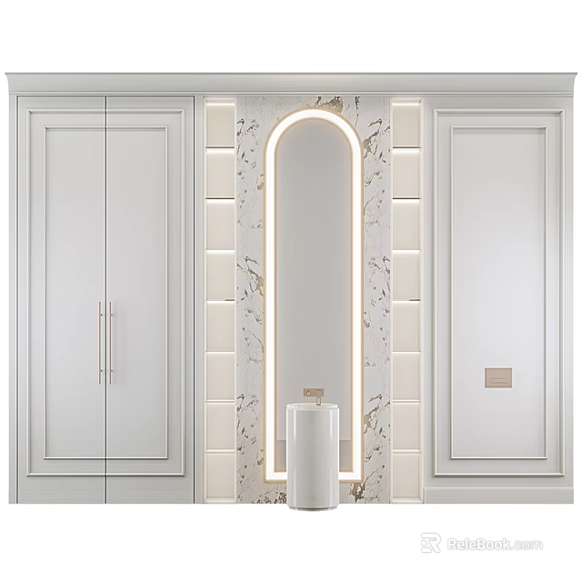 Modern Bathroom Vanity with Arched Mirror Marble Wall White Cabinets and Ambient Lighting 3d model 