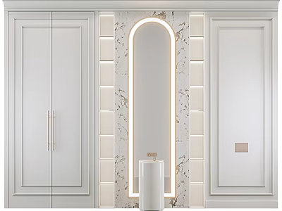 Modern Bathroom Vanity with Arched Mirror Marble Wall White Cabinets and Ambient Lighting 3d model