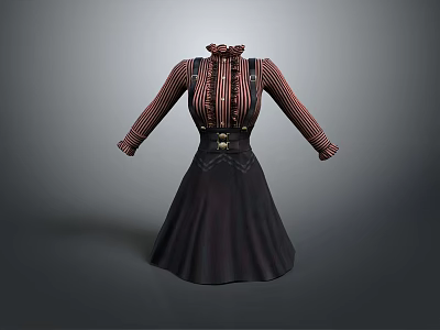 Vintage Women's Striped High Neck Dress With Button Details And Black Skirt 3d model