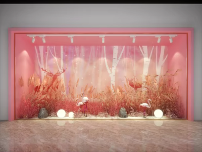 Pink Window Display With White Tree Trunks Red Grass Flamingos Deer Round Lights And Stones 3d model
