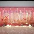Pink Window Display With White Tree Trunks Red Grass Flamingos Deer Round Lights And Stones