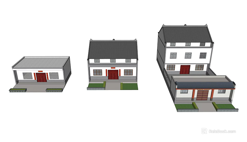 Traditional Chinese Architecture Various Models With Red Doors Black Tile Roofs And White Walls 3d model 