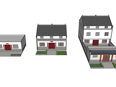 Traditional Chinese Architecture Various Models With Red Doors Black Tile Roofs And White Walls 3d model