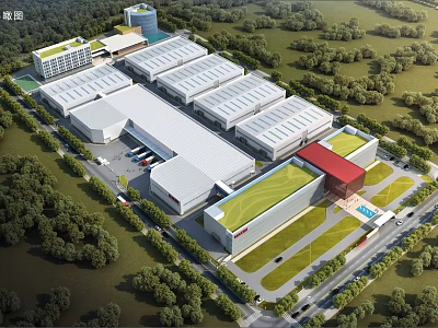 Modern Industrial Factory Complex With Multiple Buildings Green Landscaping And Parking Area 3d model
