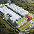 Modern Industrial Factory Complex With Multiple Buildings Green Landscaping And Parking Area