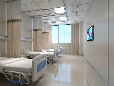 Modern Hospital Ward Interior With Multiple Beds Windows And Wall TV 3d model