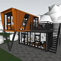 Two Story Orange Container Building with Large Windows Terrace Staircase and Green Lawn
