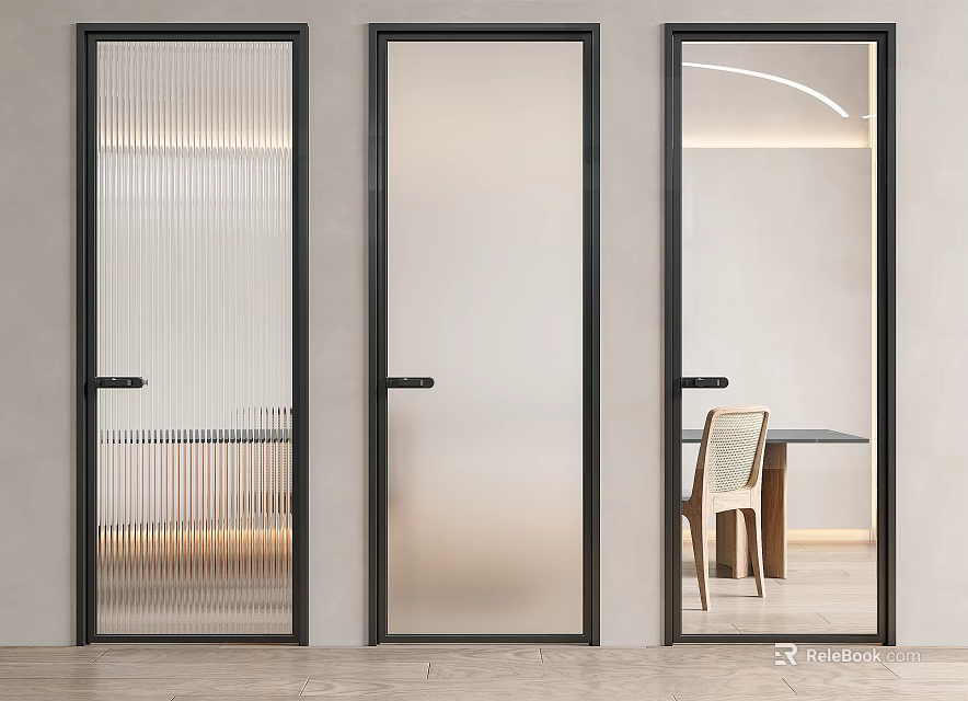 Modern Hinged Doors With Black Frames Featuring Ribbed Frosted And Clear Glass 3d model 