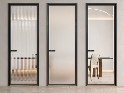 Modern Hinged Doors With Black Frames Featuring Ribbed Frosted And Clear Glass 3d model