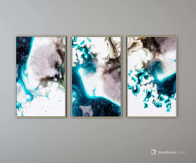 Modern Abstract Paintings With Teal Blue White Fluid Color Patterns For Wall Decor 3d model