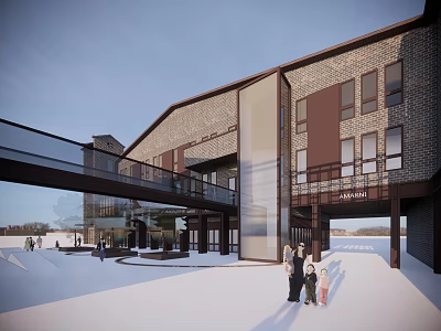 Vibrant Commercial Complex Exterior Featuring Brick Architecture Glass Elements Bridge Walkway And Plaza Gathering 3d model