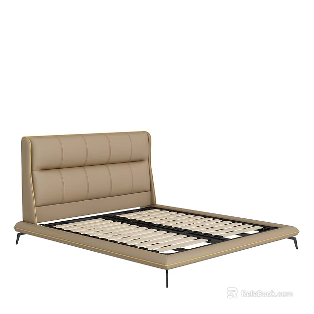 Modern Minimalist Double Bed With Leather Upholstered Headboard And Slat Support Base 3d model 
