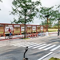 Municipal Road With Street Trees Parked Bicycles Cyclists And Urban Skyline