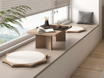 Modern Wooden Bay Window Seat With Round Cushions Small Table Tea Set Books And Scenic View 3d model