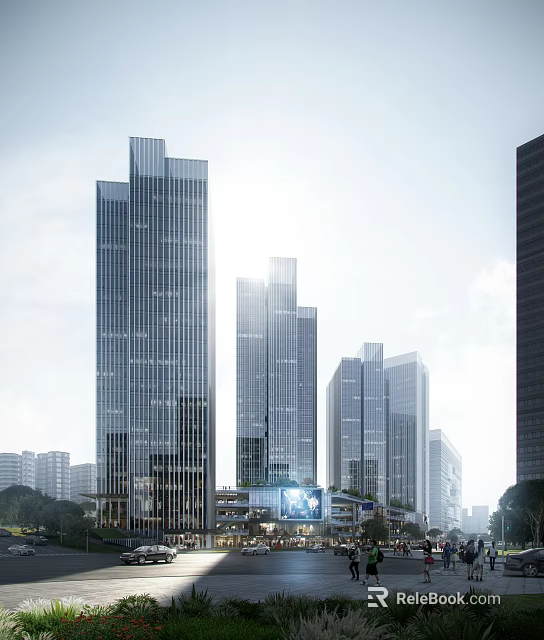 Modern High Rise Office Building With Glass Curtain Wall And Urban Landscape 3d model 