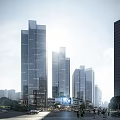 Modern High Rise Office Building With Glass Curtain Wall And Urban Landscape