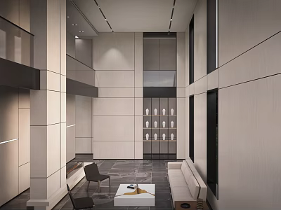 Modern Duplex Living Room Interior With High Ceiling And Floor to Ceiling Windows 3d model