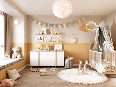 Cozy Kids Room Interior Design With Canopy Crib Stuffed Toys Cloud Decor And Bunting Flags 3d model