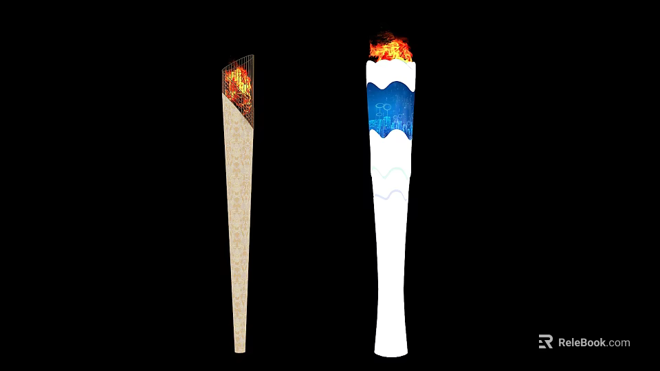 Sports Equipment Olympic Torch with Brown White Design Blue Wave Pattern and Burning Flame 3d model 