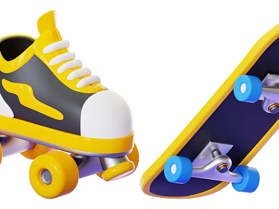 Colorful Toy Roller Skates And Skateboard With Yellow Black Design And Blue Wheels 3d model
