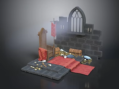 Cartoon Castle Interior Scene With Stone Walls Arched Window Treasure Chest Gold Coins And Carpets 3d model