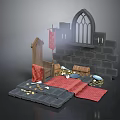Cartoon Castle Interior Scene With Stone Walls Arched Window Treasure Chest Gold Coins And Carpets