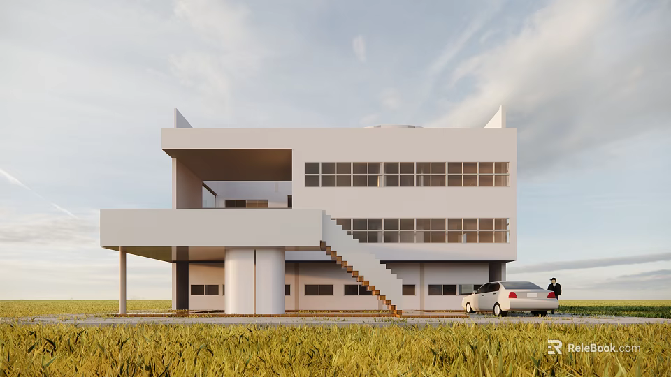 Modern Detached Villa Two Story White Exterior With Large Windows Staircase Lawn And Car 3d model 