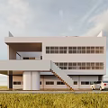Modern Detached Villa Two Story White Exterior With Large Windows Staircase Lawn And Car
