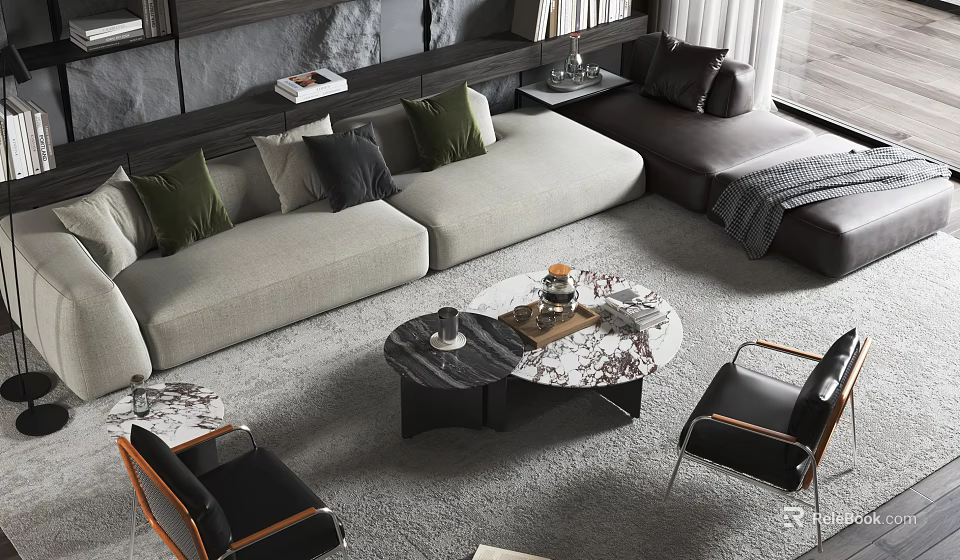 Modern Gray Sofa and Marble Coffee Table Set with Black Chairs in Open Living Room 3d model 