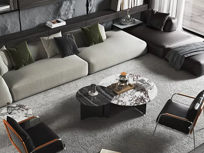 Modern Gray Sofa and Marble Coffee Table Set with Black Chairs in Open Living Room 3d model