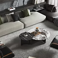 Modern Gray Sofa and Marble Coffee Table Set with Black Chairs in Open Living Room