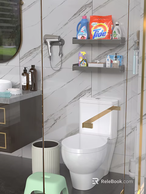 Modern Bathroom Interior Featuring White Toilet With Brass Handle And Marble Wall Design 3d model 