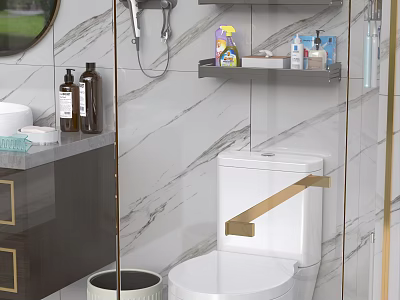 Modern Bathroom Interior Featuring White Toilet With Brass Handle And Marble Wall Design 3d model