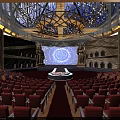 Luxurious Theater Interior With Red Seats Stage Blue Circular Backdrop And Ornate Ceiling Decorations