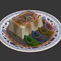 Fresh Green Herbs Garnishing Silky Tofu On Blue And White Patterned Plate With Sauce
