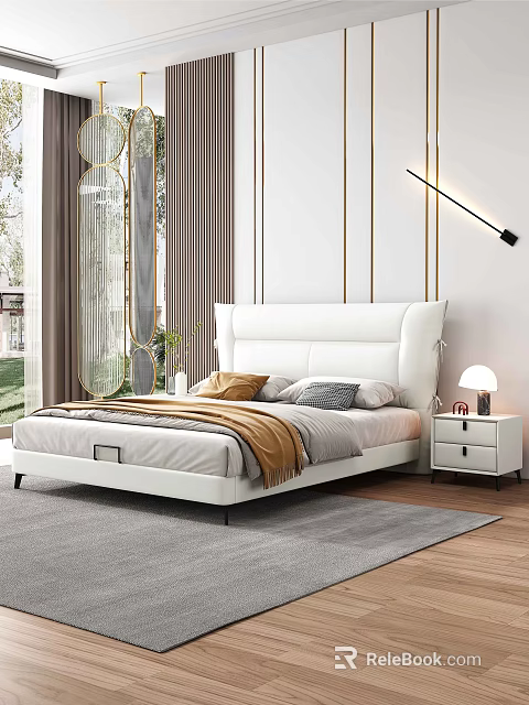 Modern White Leather Double Bed with Gold Line Wall Nightstand and Table Lamp 3d model 